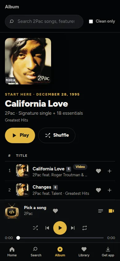 2Pac featured songs screen