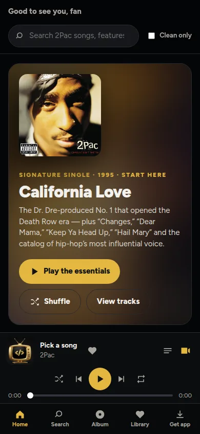 2Pac fan app home screen